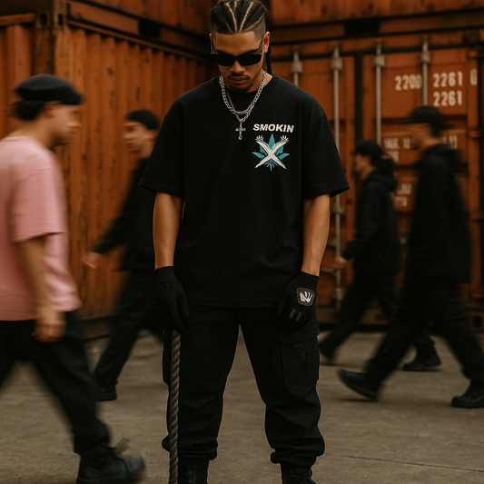 SMOKIN - Round Neck Black Oversized T-Shirt